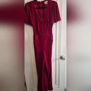 Unique Vintage Brand Size 4 Red Velvet Jumpsuit With Pockets And Faux Buttons